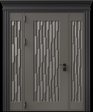 Входная термодверь с металлофиленкой, вставками по бокам, карнизом и порошковым напылением RAL 7022 (тип №7)